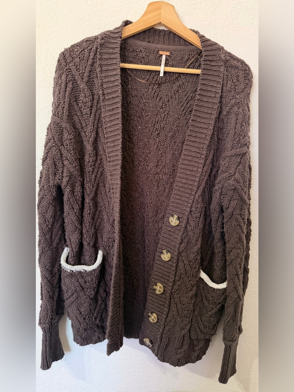 Free People Montana Cable Cardigan Chunky Cable Knit Sweater in Brown - XS